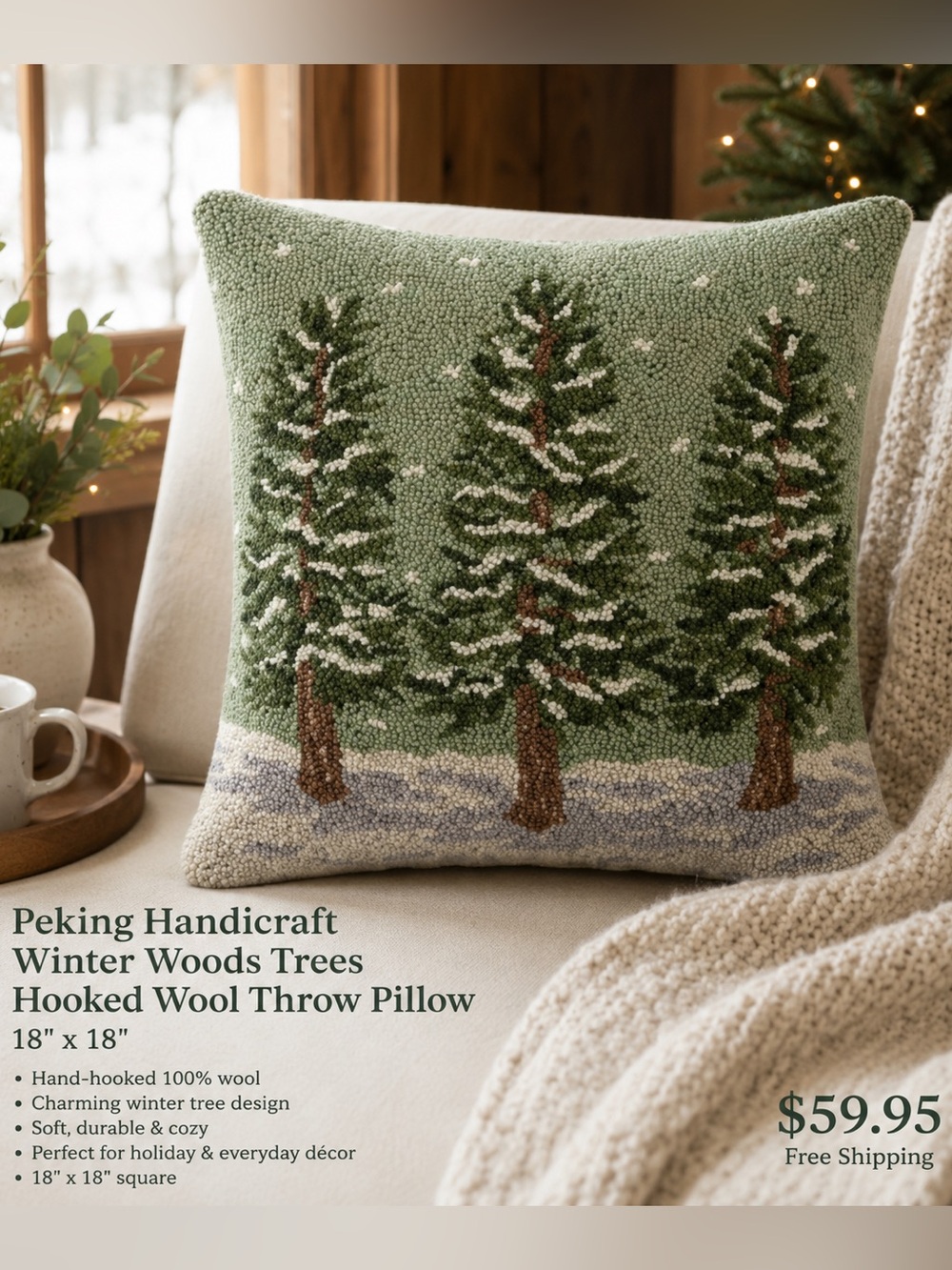 Peking Handicraft Winter Woods Trees Hooked Wool Throw Pillow 18x18